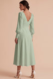 White Ruched A-Line V-Neck Midi Engagement Dress with Long Sleeves