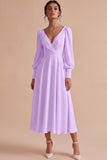 White Ruched A-Line V-Neck Midi Engagement Dress with Long Sleeves