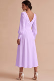 White Ruched A-Line V-Neck Midi Engagement Dress with Long Sleeves