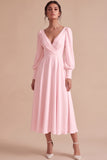White Ruched A-Line V-Neck Midi Engagement Dress with Long Sleeves