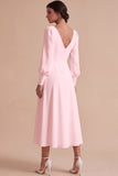 White Ruched A-Line V-Neck Midi Engagement Dress with Long Sleeves