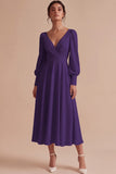 White Ruched A-Line V-Neck Midi Engagement Dress with Long Sleeves
