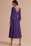 White Ruched A-Line V-Neck Midi Engagement Dress with Long Sleeves