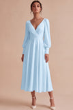 White Ruched A-Line V-Neck Midi Engagement Dress with Long Sleeves