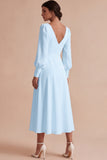 White Ruched A-Line V-Neck Midi Engagement Dress with Long Sleeves