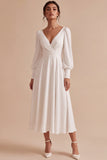 White Ruched A-Line V-Neck Midi Engagement Dress with Long Sleeves