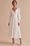 White Ruched A-Line Midi Engagement Dress with Long Sleeves