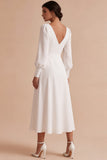 White Ruched A-Line V-Neck Midi Engagement Dress with Long Sleeves