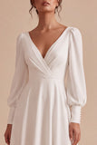 White Ruched A-Line Midi Engagement Dress with Long Sleeves