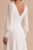 White Ruched A-Line Midi Engagement Dress with Long Sleeves