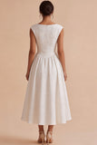 Floral White Jacquard A-Line Bateau Engagement Dress with Cap Sleeve