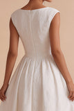 Floral White Jacquard A-Line Bateau Engagement Dress with Cap Sleeve