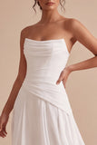 Strapless White Ruched A-Line Midi Engagement Dress