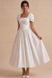 White Rhinestones A-Line Square Neck Engagement Dress with Puff Sleeves