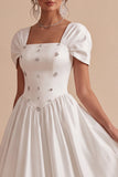 White Rhinestones A-Line Square Neck Engagement Dress with Puff Sleeves