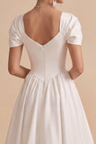 White Rhinestones A-Line Square Neck Engagement Dress with Puff Sleeves