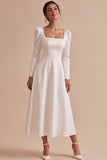 White A-Line Square Neck Long Engagement Dress with Long Sleeves