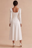 White A-Line Square Neck Long Engagement Dress with Long Sleeves
