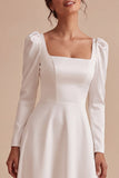 White A-Line Square Neck Long Engagement Dress with Long Sleeves