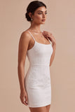 Floral Jacquard Bodycon Spaghetti Straps Mini Little White Dress