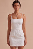 Floral Jacquard Bodycon Spaghetti Straps Mini Little White Dress