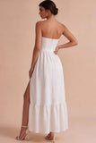 Strapless White Jacquard A-Line Corset Long Engagement Dress with Slit