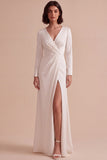 White V-Neck Ruched A-Line Long Engagement Dress with Slit
