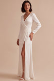 White V-Neck Ruched A-Line Long Engagement Dress with Slit