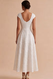 White A-Line Bateau Jacquard Long Engagement Dress with Cap Sleeves