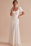 White Square Neck A-Line Long Engagement Dress with Puff Sleeves