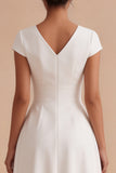 Simple White A-Line Ruched V-Neck Midi Engagement Dress with Cap Sleeves