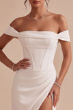 White Off The Shoulder Corset Sheath Midi Engagement Dress with Slit