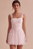 Ruched Square Neck A-Line Tulle Short Little White Dress