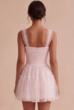 Ruched Square Neck A-Line Tulle Short Little White Dress
