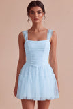 Ruched Square Neck A-Line Tulle Short Little White Dress