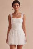 Ruched Square Neck A-Line Tulle Short Little White Dress