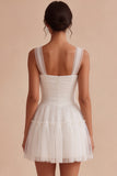Ruched Square Neck A-Line Tulle Short Little White Dress