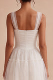 Ruched Square Neck A-Line Tulle Short Little White Dress