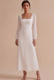 White Square Neck A-Line Long Engagement Dress with Long Sleeves