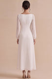 White Square Neck A-Line Long Engagement Dress with Long Sleeves