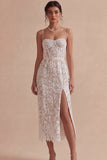White Corset Sheath Lace Midi Engagement Dress with Slit