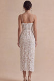 White Corset Sheath Lace Midi Engagement Dress with Slit