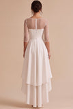 White Illusion Neck High-Low Asymmetrical Hem A-Line Engagement Dress with 3/4 Sleeves