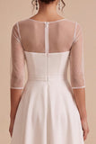 White Illusion Neck High-Low Asymmetrical Hem A-Line Engagement Dress with 3/4 Sleeves