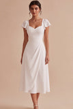 White A-Line Flutter Sleeves Midi Engagement Dress