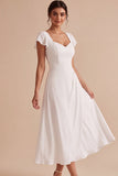 White A-Line Flutter Sleeves Midi Engagement Dress