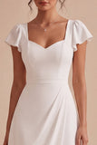 White A-Line Flutter Sleeves Midi Engagement Dress