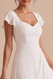 White A-Line Flutter Sleeves Midi Engagement Dress