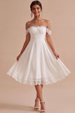 Off The Shoulder A-Line Ruched Midi Little White Dress with Lace