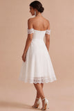 Off The Shoulder A-Line Ruched Midi Little White Dress with Lace